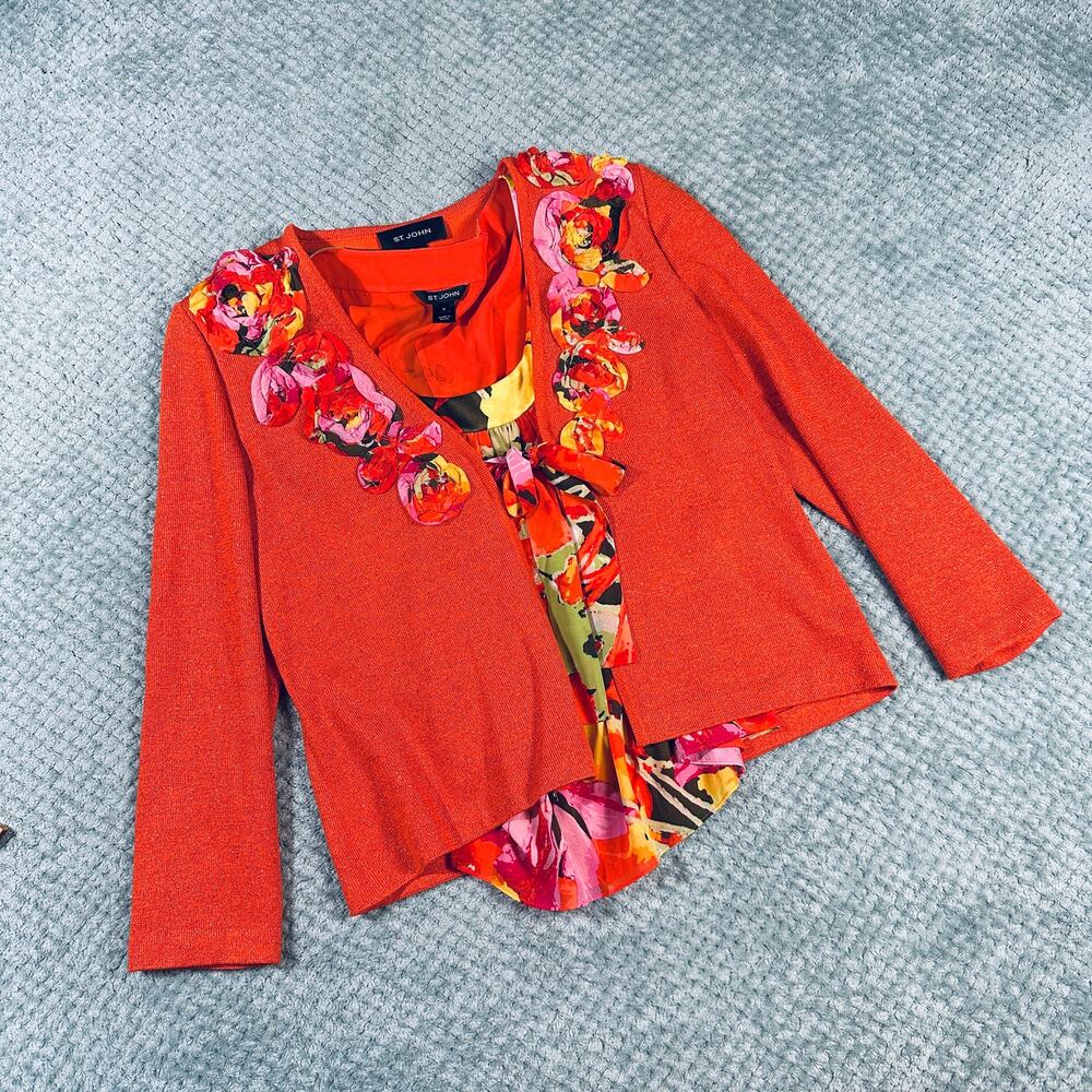 ST. JOHN Lurex Knit 2 Piece Blouse/Cardigan Jacket Floral Ruffle Tank Set M Fall